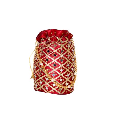Traditional Handmade Cotton Red Potli Bag with Beads and Mirror Work